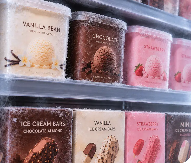 Premium ice cream products in cold storage